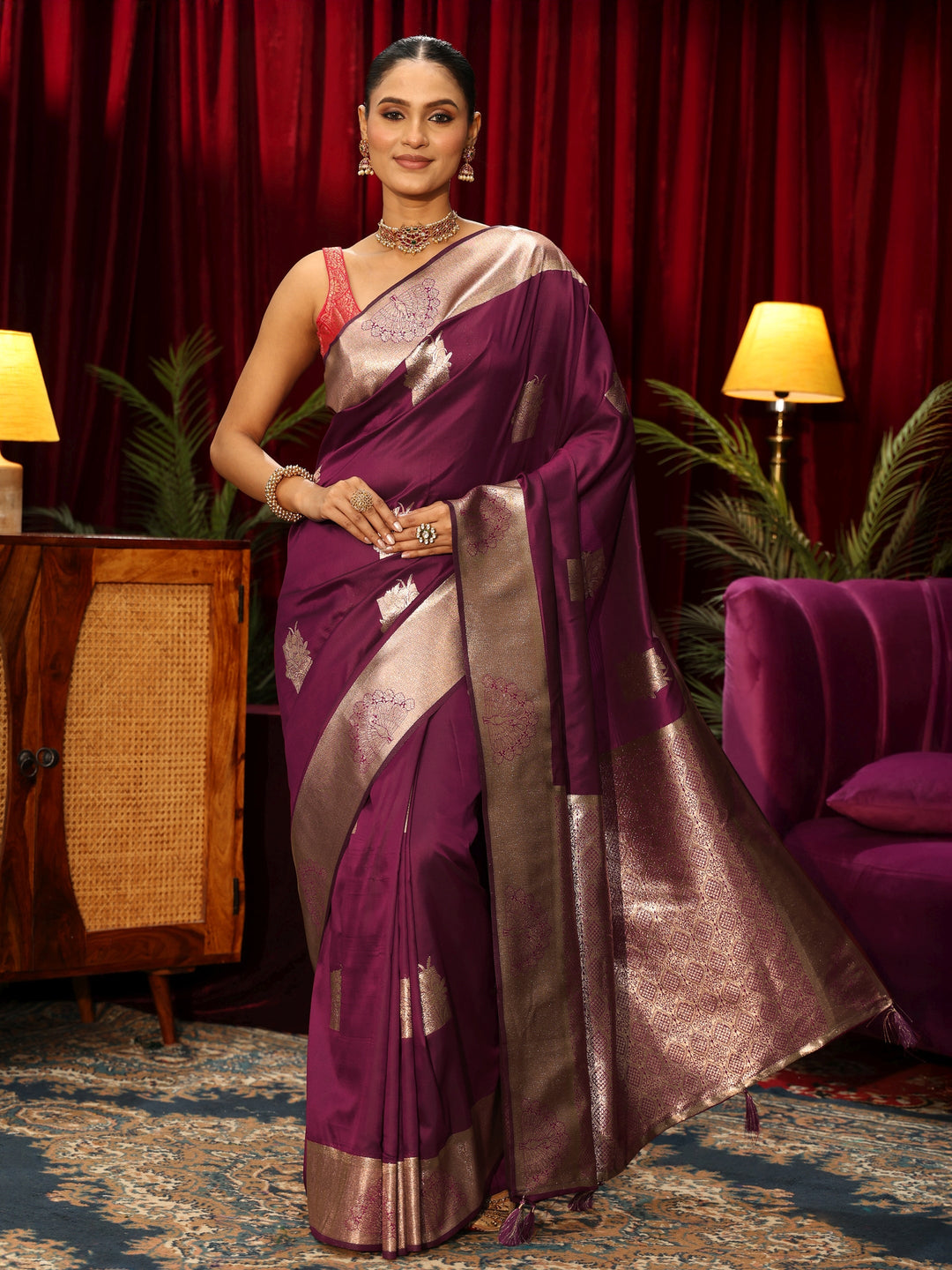  Libas Wine Peacock Woven Design Silk Blend Saree 