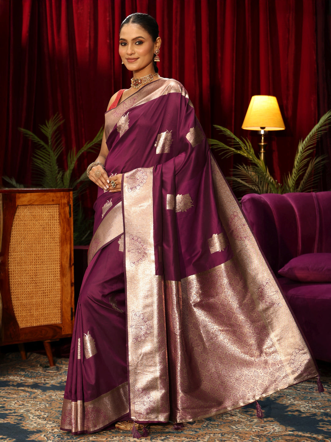  Libas Wine Peacock Woven Design Silk Blend Saree 