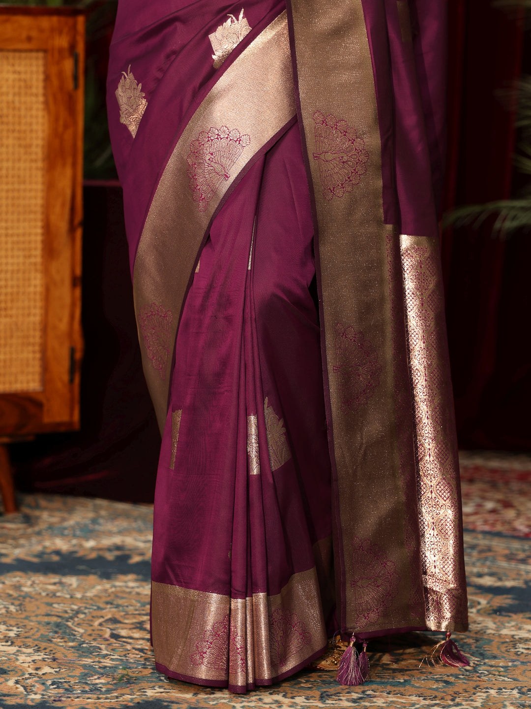  Libas Wine Peacock Woven Design Silk Blend Saree 