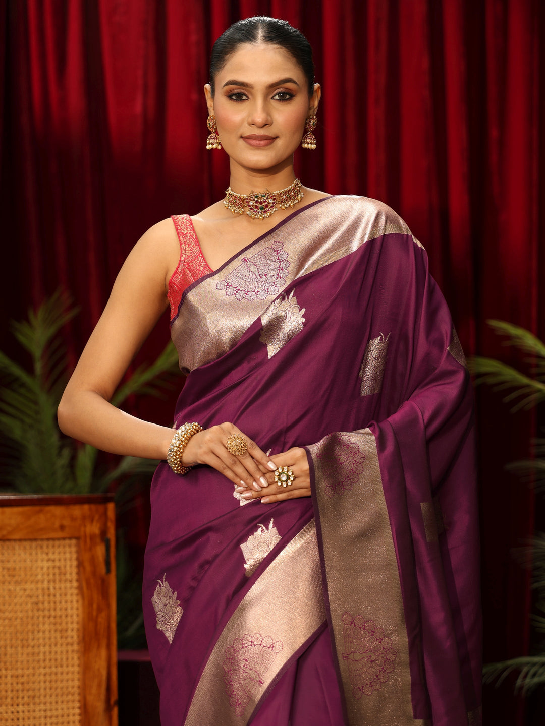  Libas Wine Peacock Woven Design Silk Blend Saree 