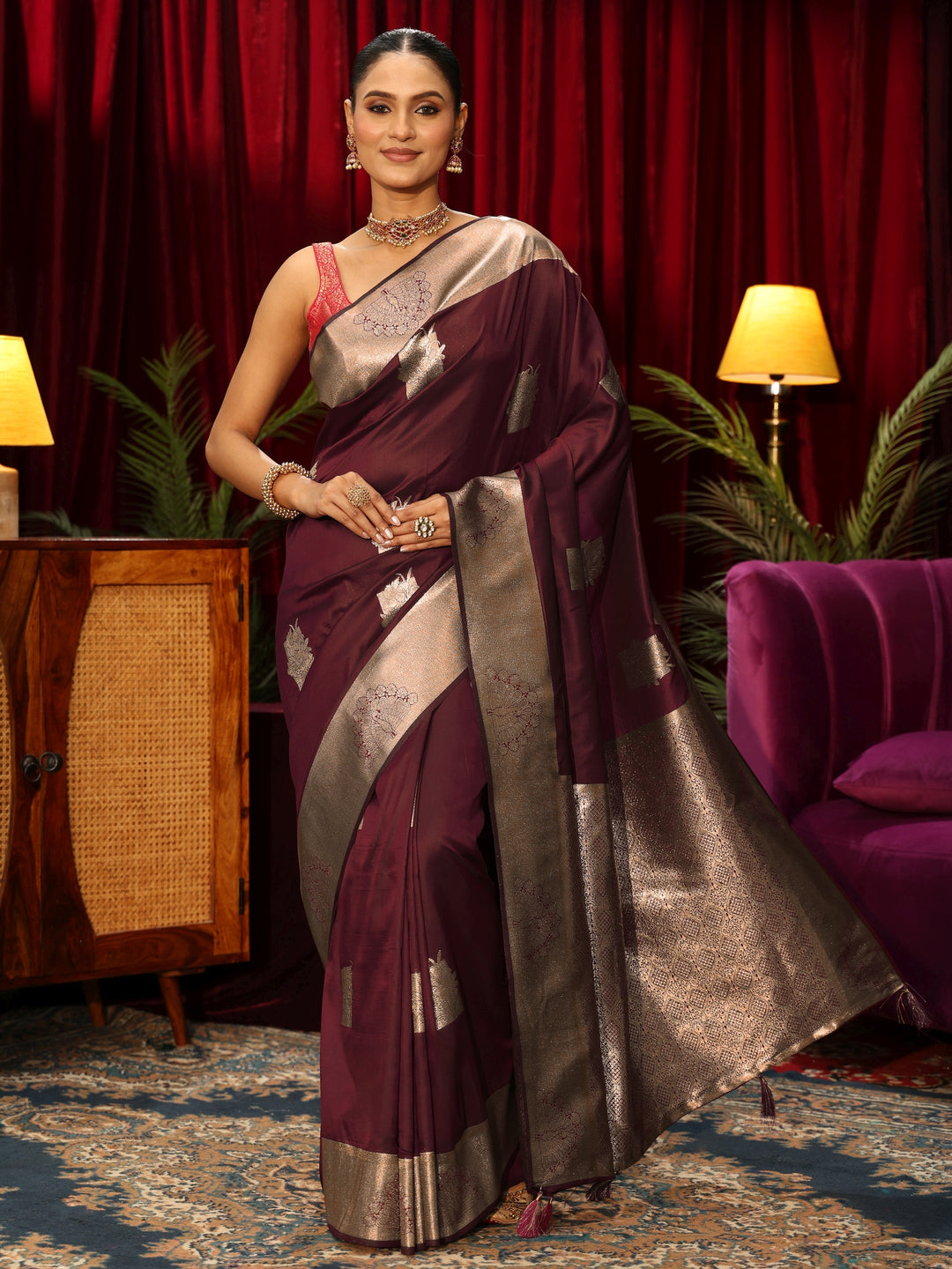  Libas Maroon Ethnic Woven Design Silk Blend Saree 