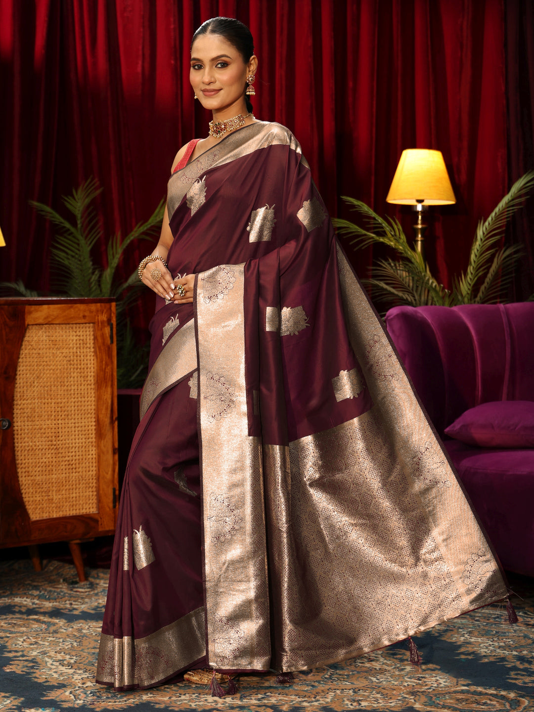  Libas Maroon Ethnic Woven Design Silk Blend Saree 