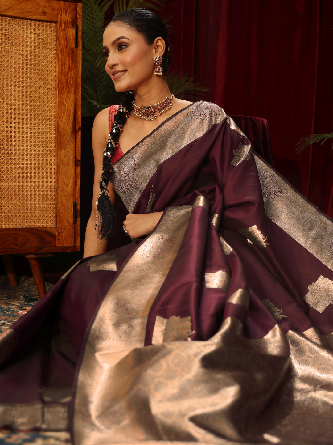  Libas Maroon Ethnic Woven Design Silk Blend Saree 