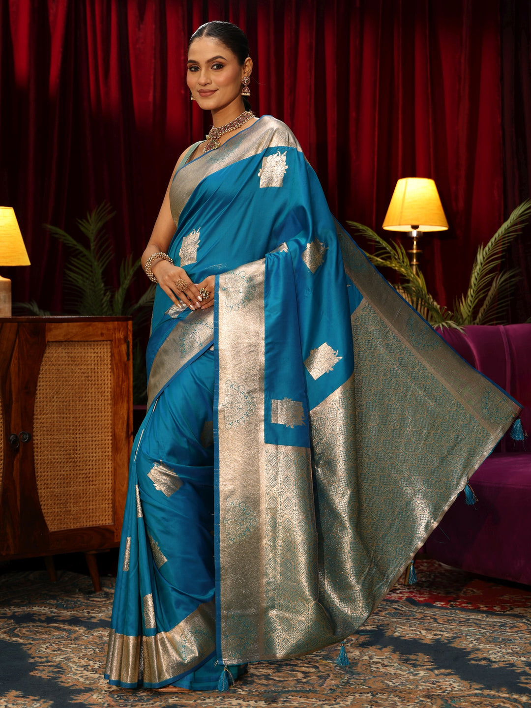  Libas Cerulean Blue Peacock Woven Design Silk Blend Saree 