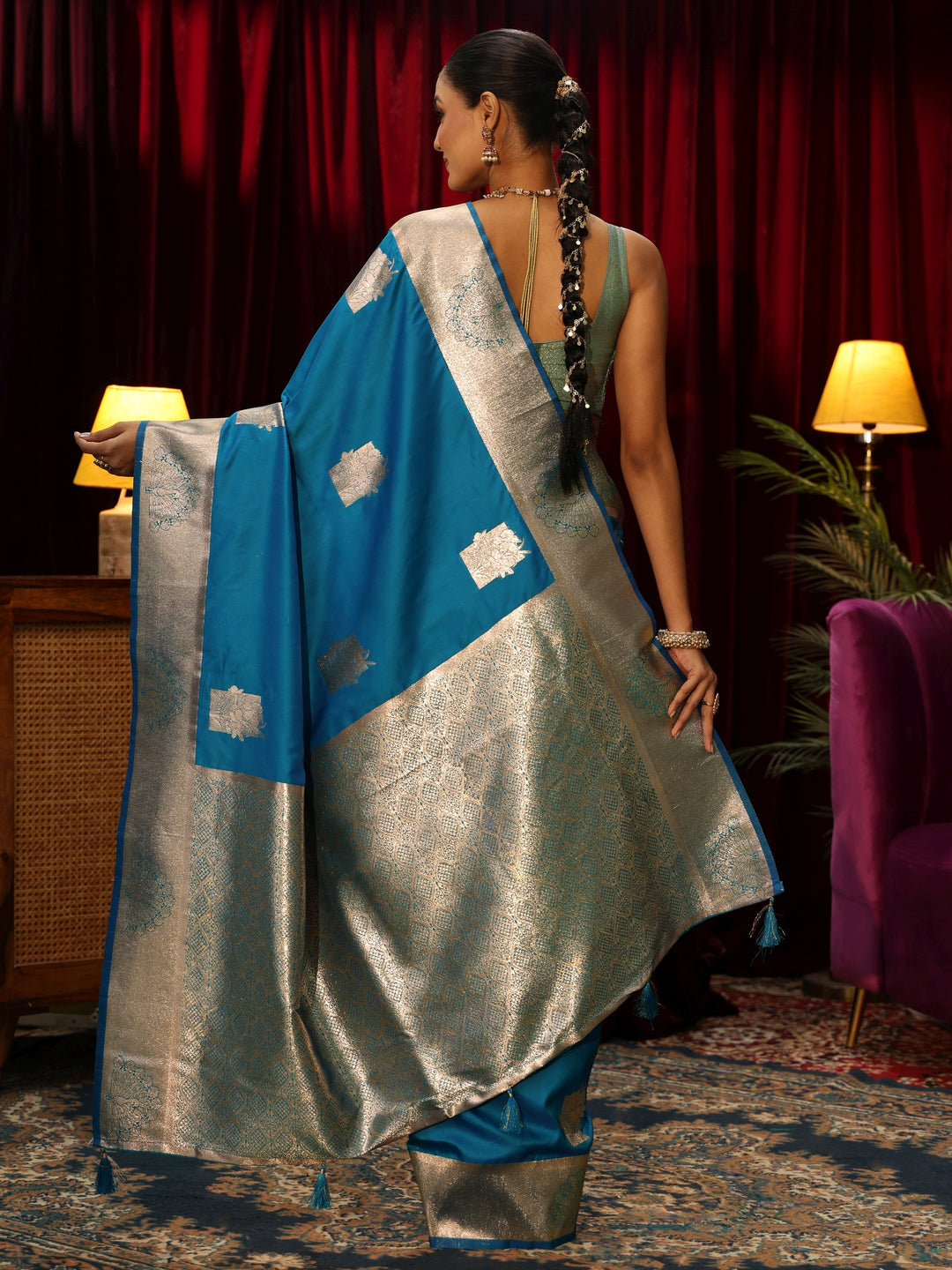  Libas Cerulean Blue Peacock Woven Design Silk Blend Saree 