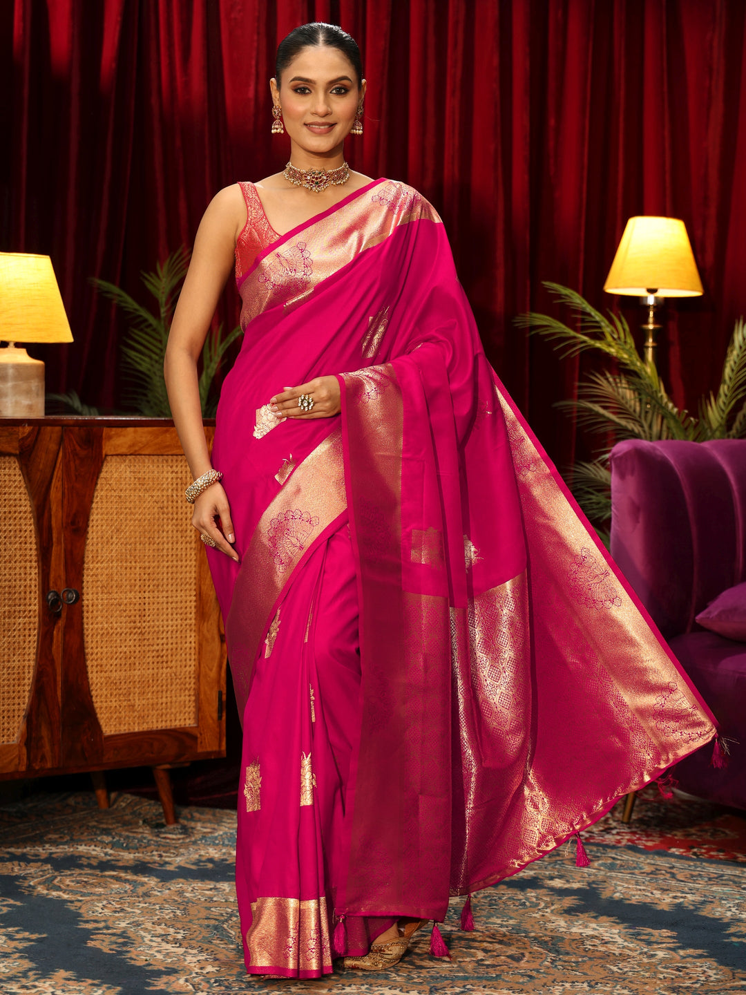  Libas Rani Pink Peacock Woven Design Silk Blend Saree 