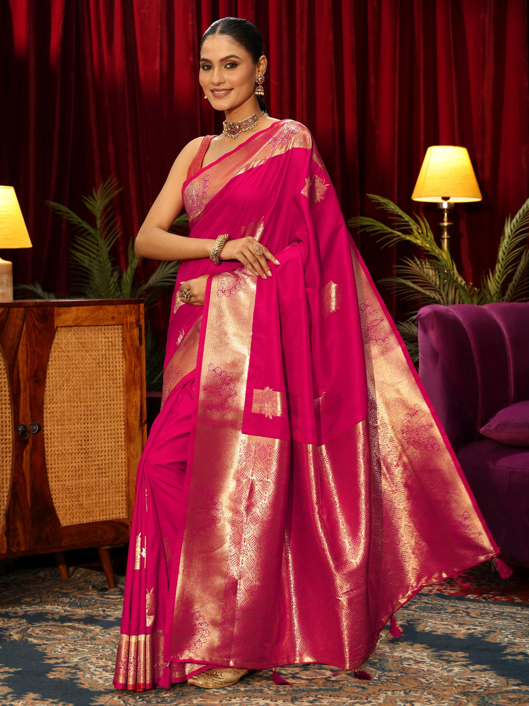  Libas Rani Pink Peacock Woven Design Silk Blend Saree 