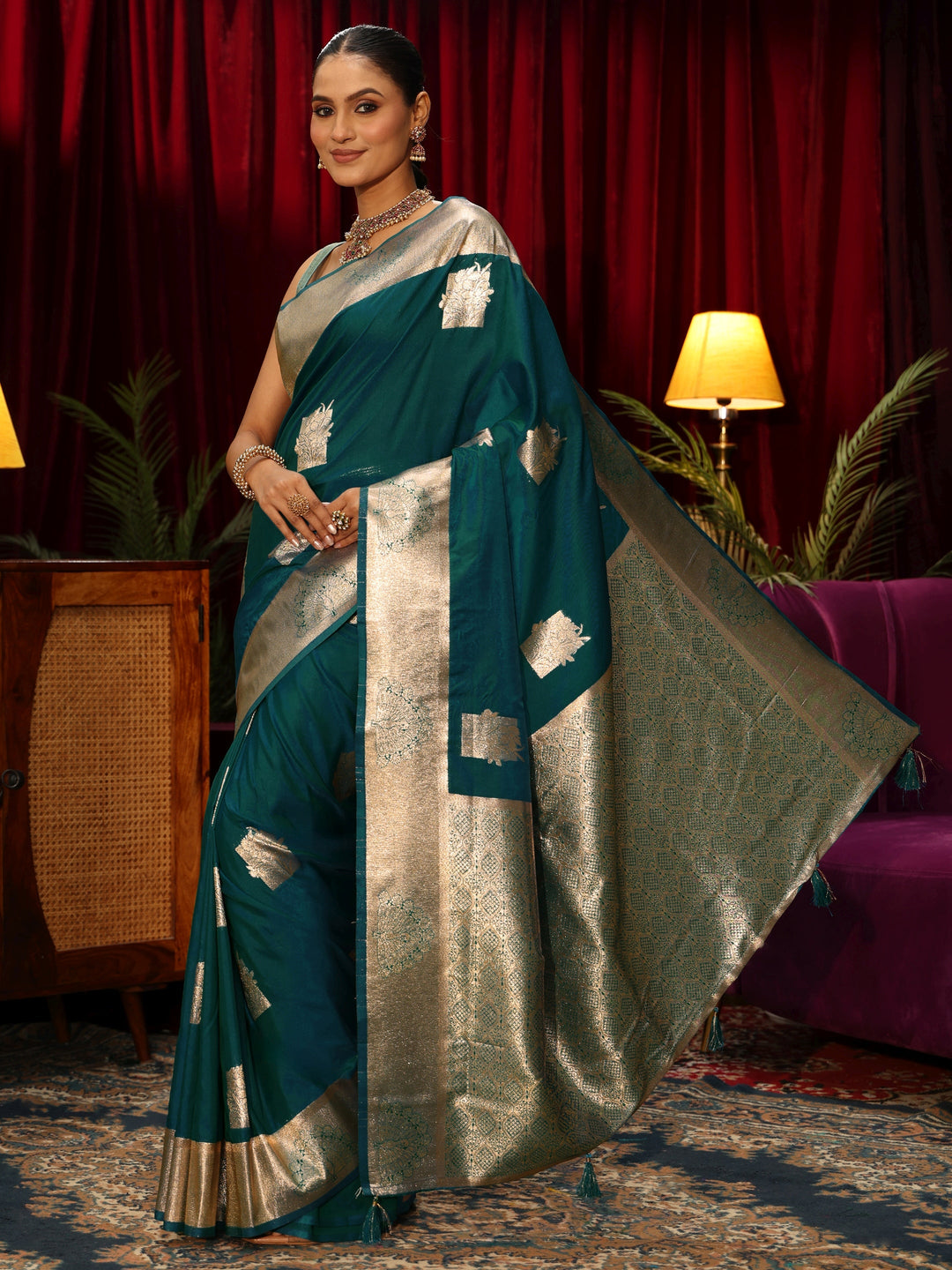  Libas Deep Teal Green Ethnic Motif Woven Design Silk Blend Saree 