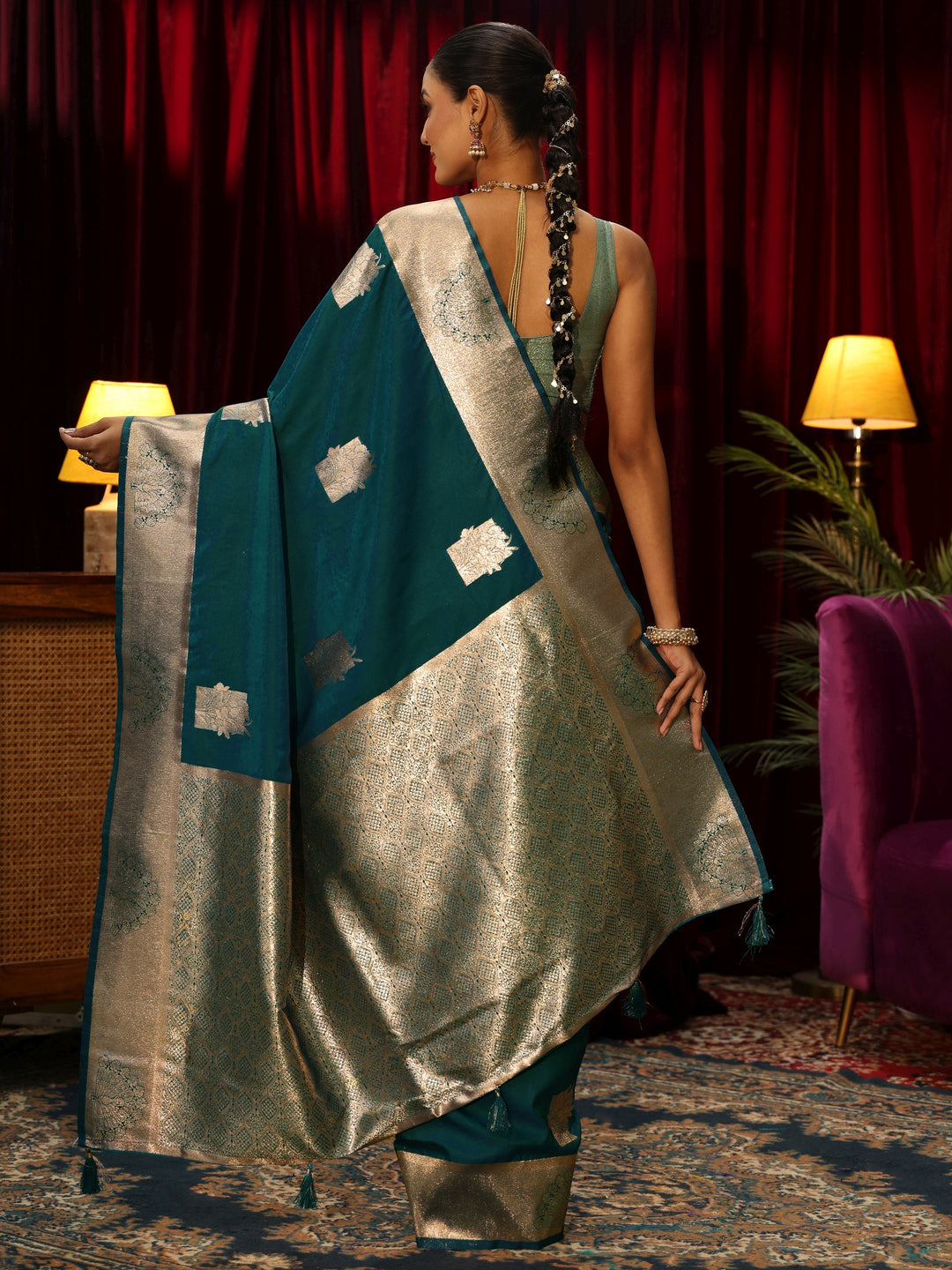  Libas Deep Teal Green Ethnic Motif Woven Design Silk Blend Saree 