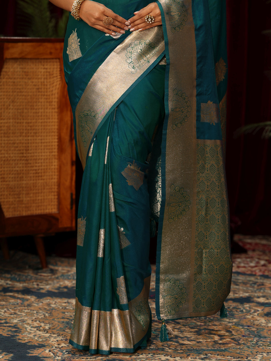  Libas Deep Teal Green Ethnic Motif Woven Design Silk Blend Saree 
