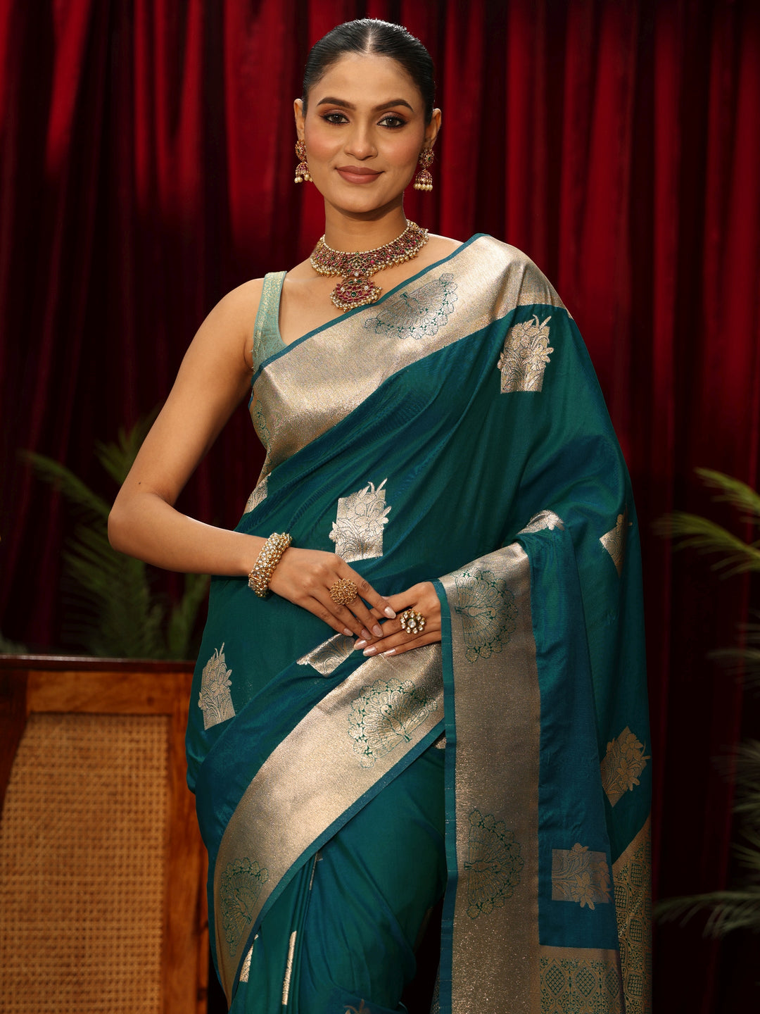 Libas Deep Teal Green Ethnic Motif Woven Design Silk Blend Saree 