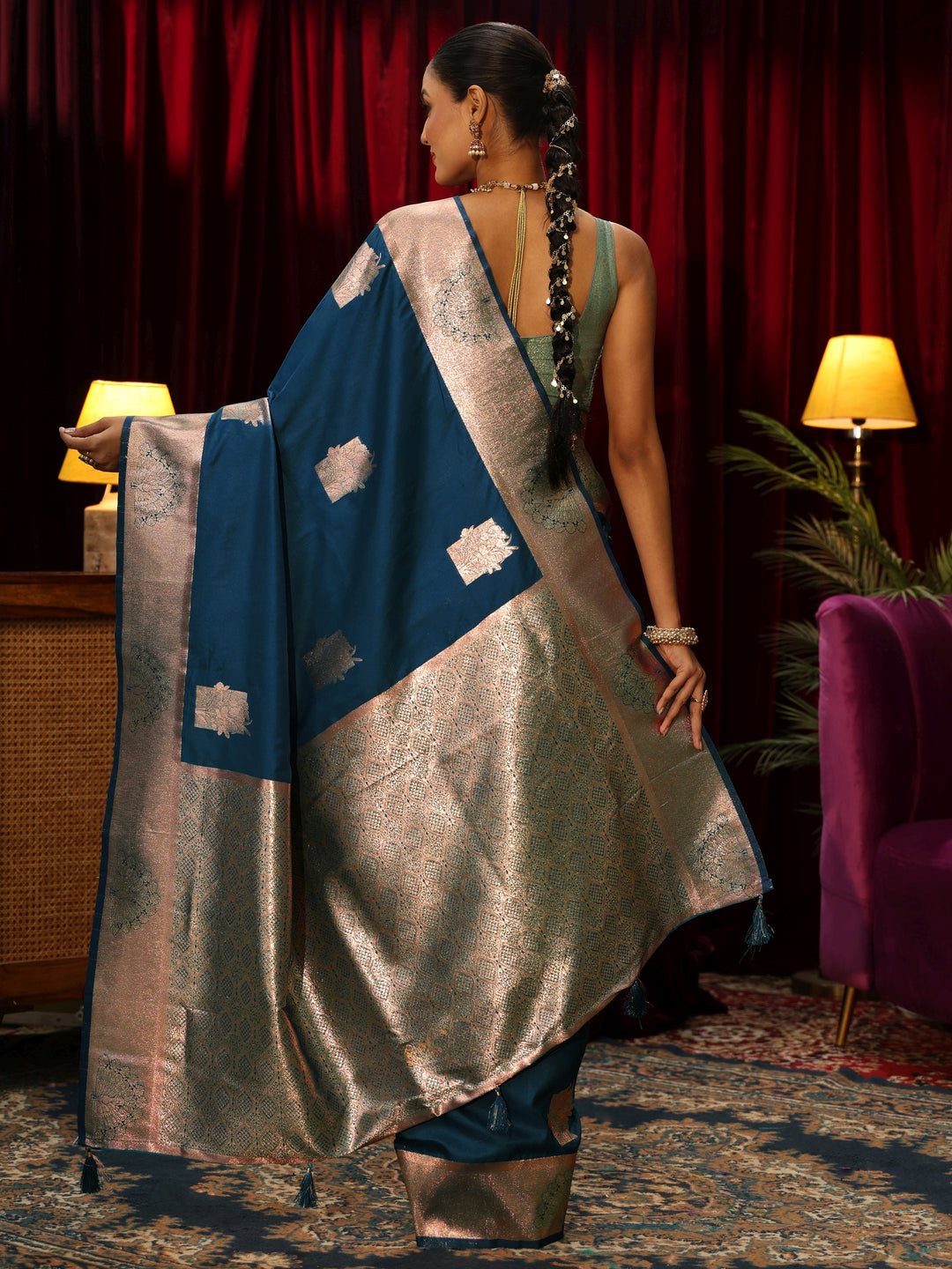  Libas Teal Blue Ethnic Motif Woven Design Silk Blend Saree 