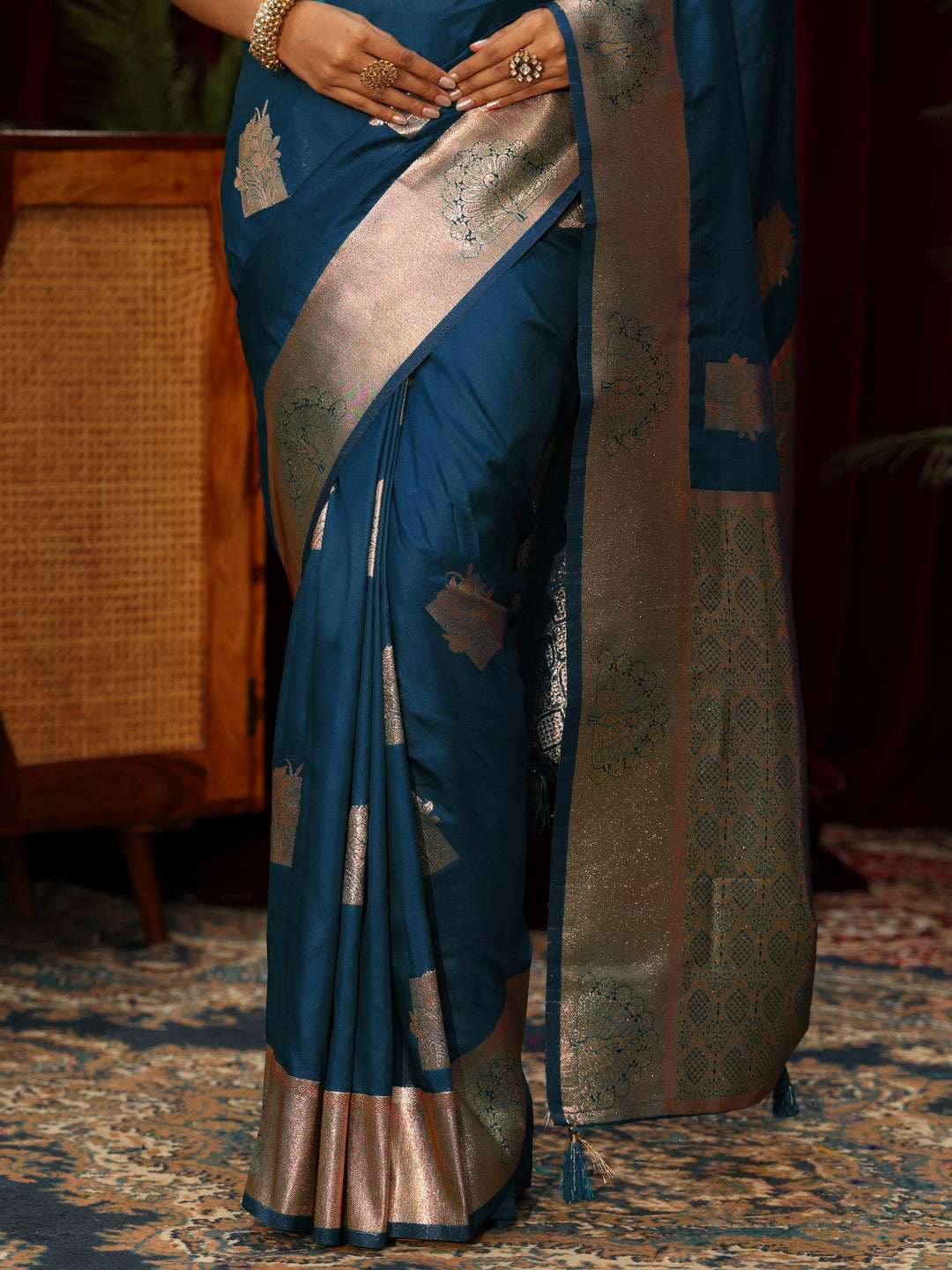  Libas Teal Blue Ethnic Motif Woven Design Silk Blend Saree 