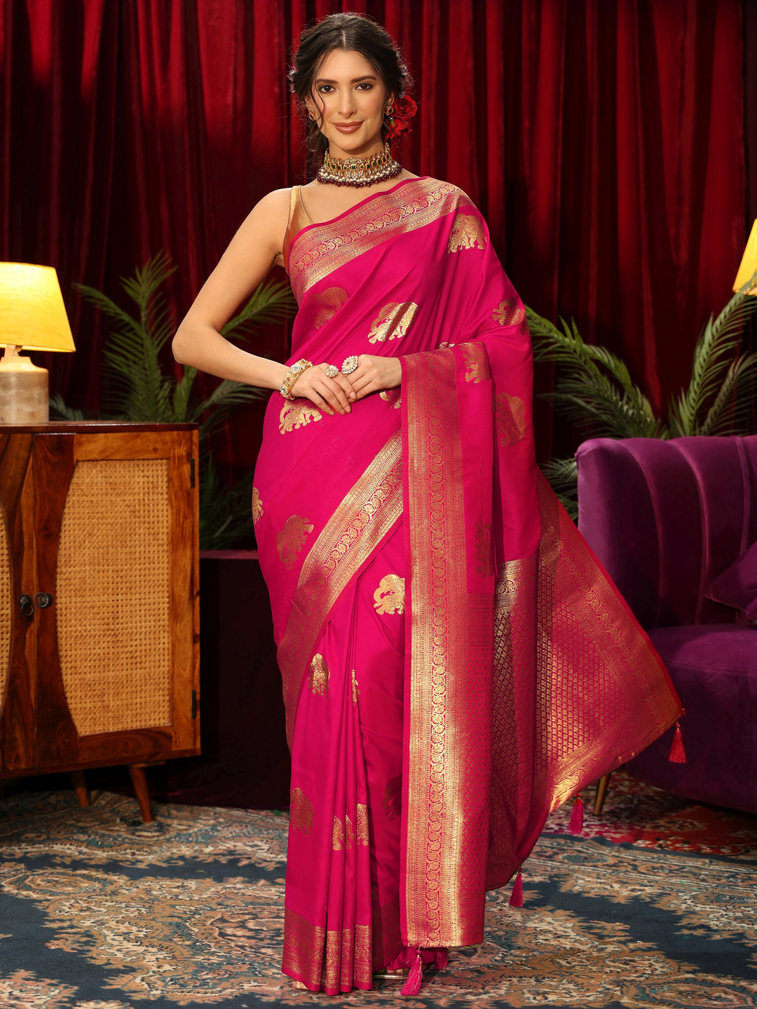  Libas Rani Pink Elephant Motif Kanjeevaram Silk Blend Saree 
