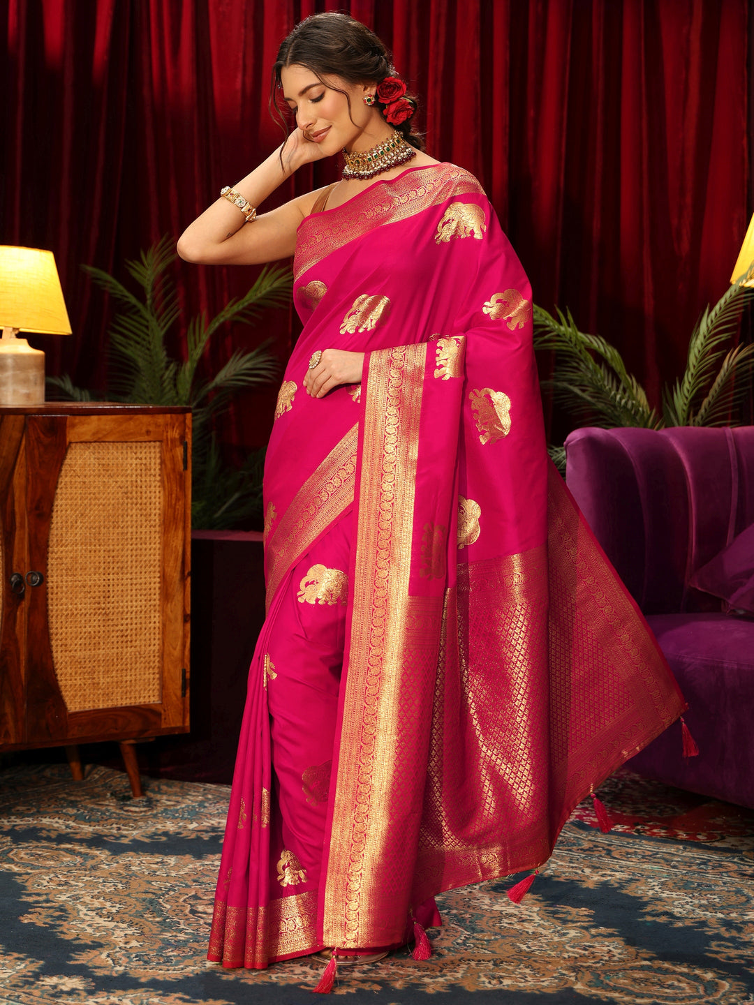  Libas Rani Pink Elephant Motif Kanjeevaram Silk Blend Saree 