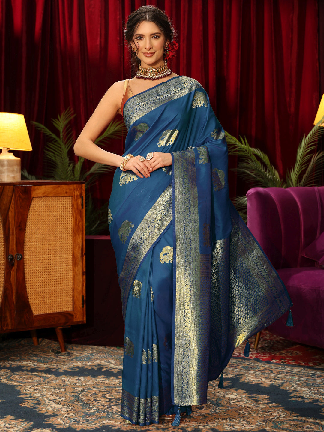  Libas Cobalt Blue Elephant Motif Woven Design Silk Blend Saree 
