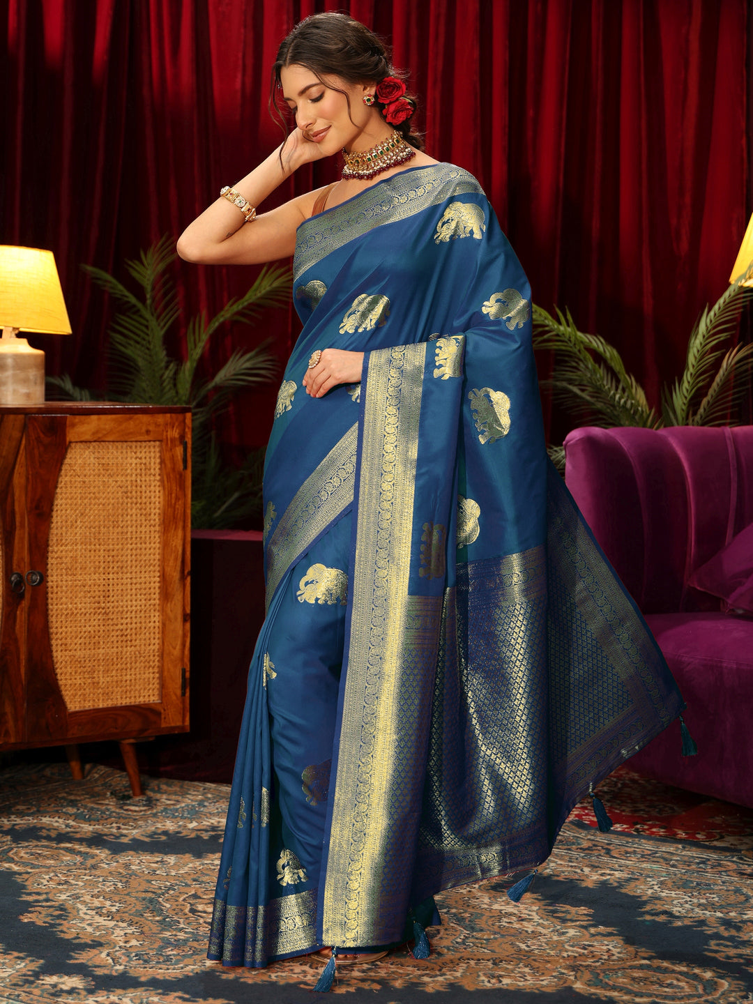  Libas Cobalt Blue Elephant Motif Woven Design Silk Blend Saree 