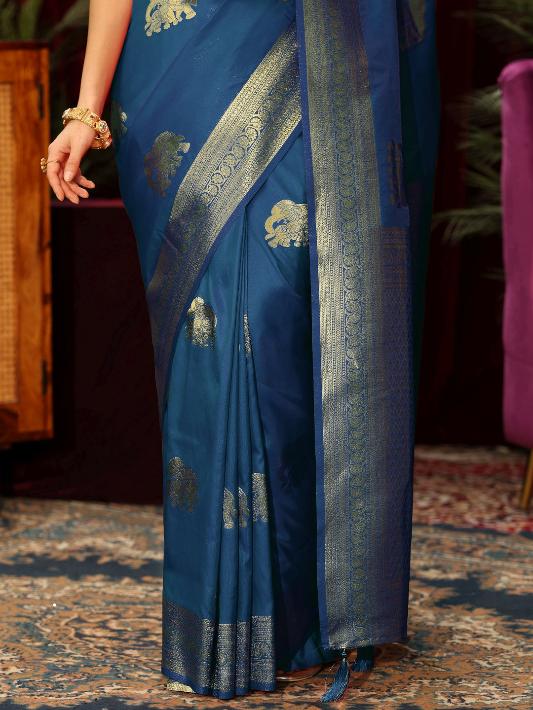  Libas Cobalt Blue Elephant Motif Woven Design Silk Blend Saree 