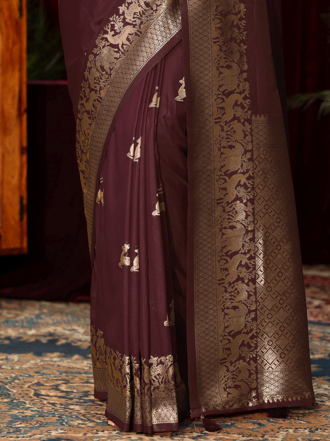  Libas Maroon Animal Motif Woven Design Silk Blend Saree 