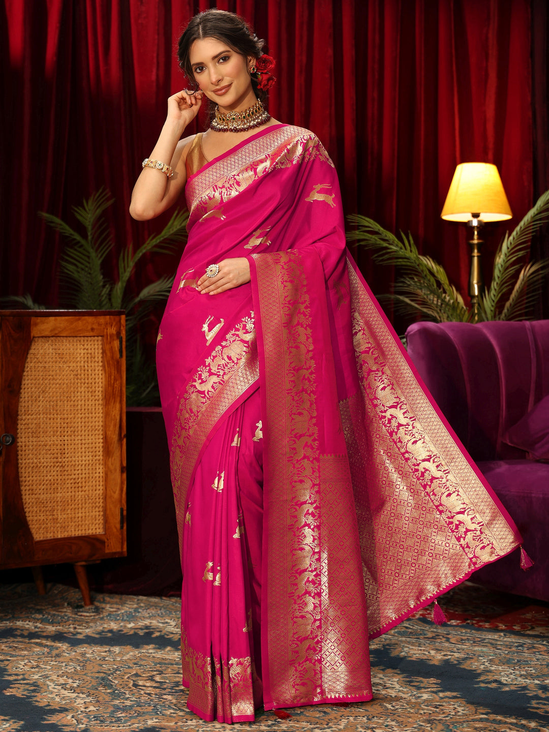  Libas Rani Pink Deer Motif Kanjeevaram Silk Blend Saree 