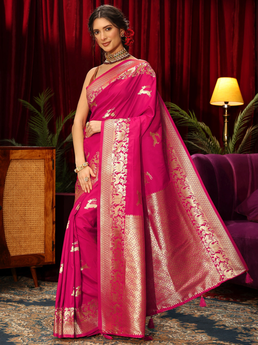  Libas Rani Pink Deer Motif Kanjeevaram Silk Blend Saree 
