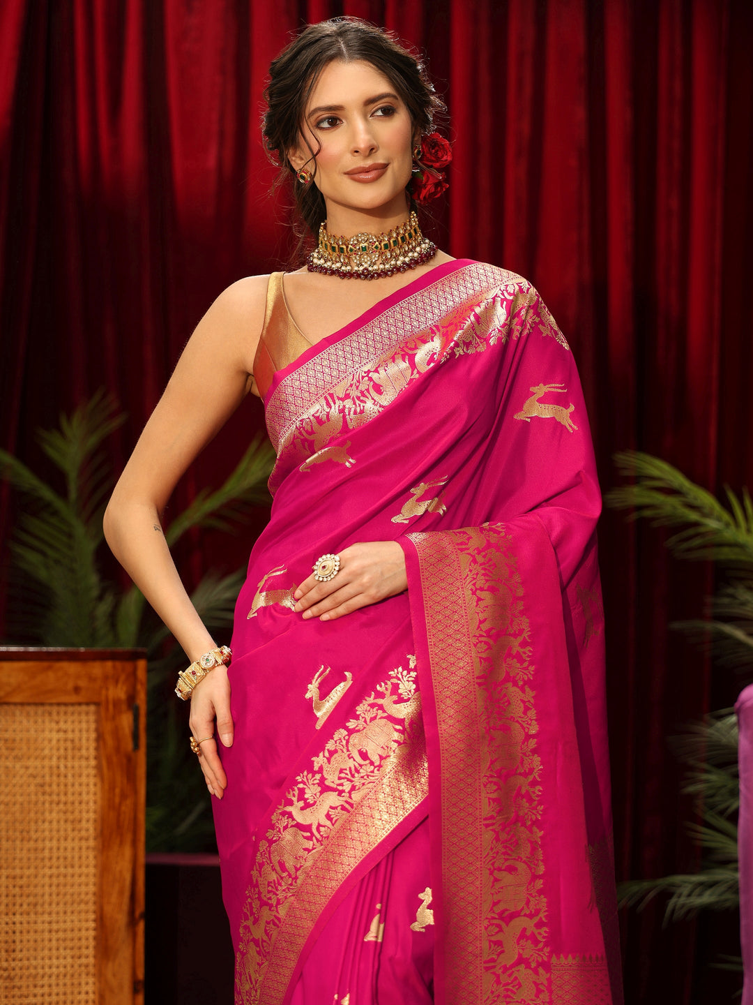  Libas Rani Pink Deer Motif Kanjeevaram Silk Blend Saree 