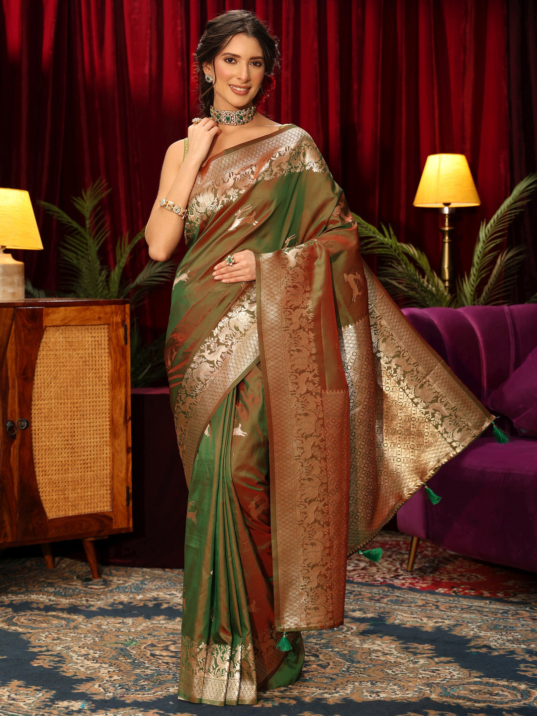  Libas Green Deer Motif Kanjeevaram Silk Blend Saree 