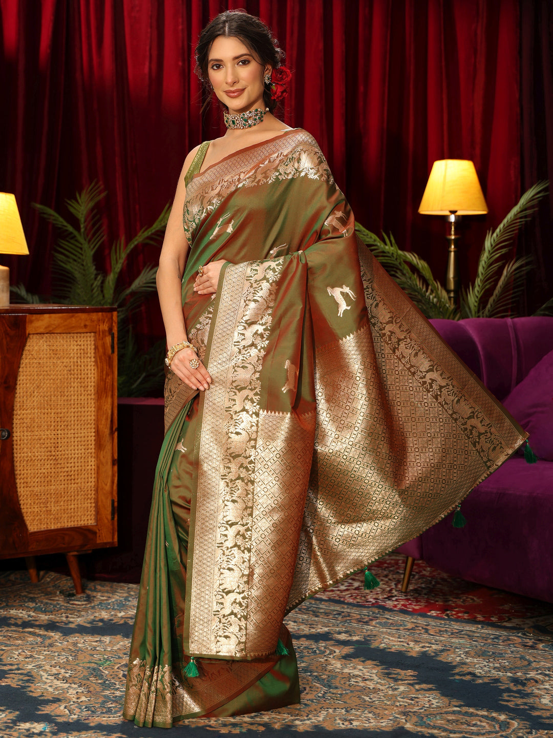  Libas Green Deer Motif Kanjeevaram Silk Blend Saree 