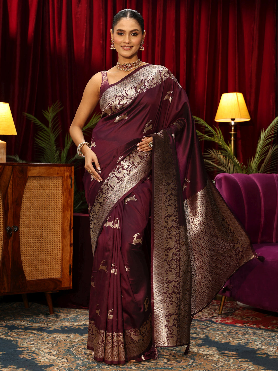  Libas Wine Deer Motif Kanjeevaram Silk Blend Saree 