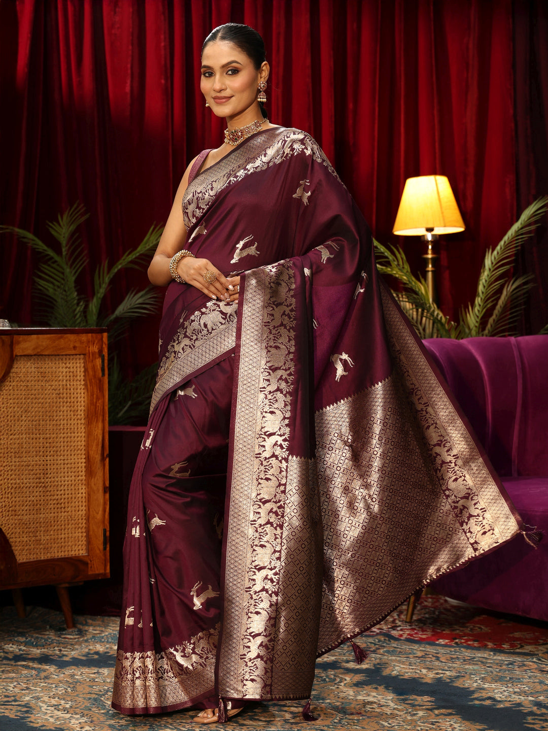  Libas Wine Deer Motif Kanjeevaram Silk Blend Saree 