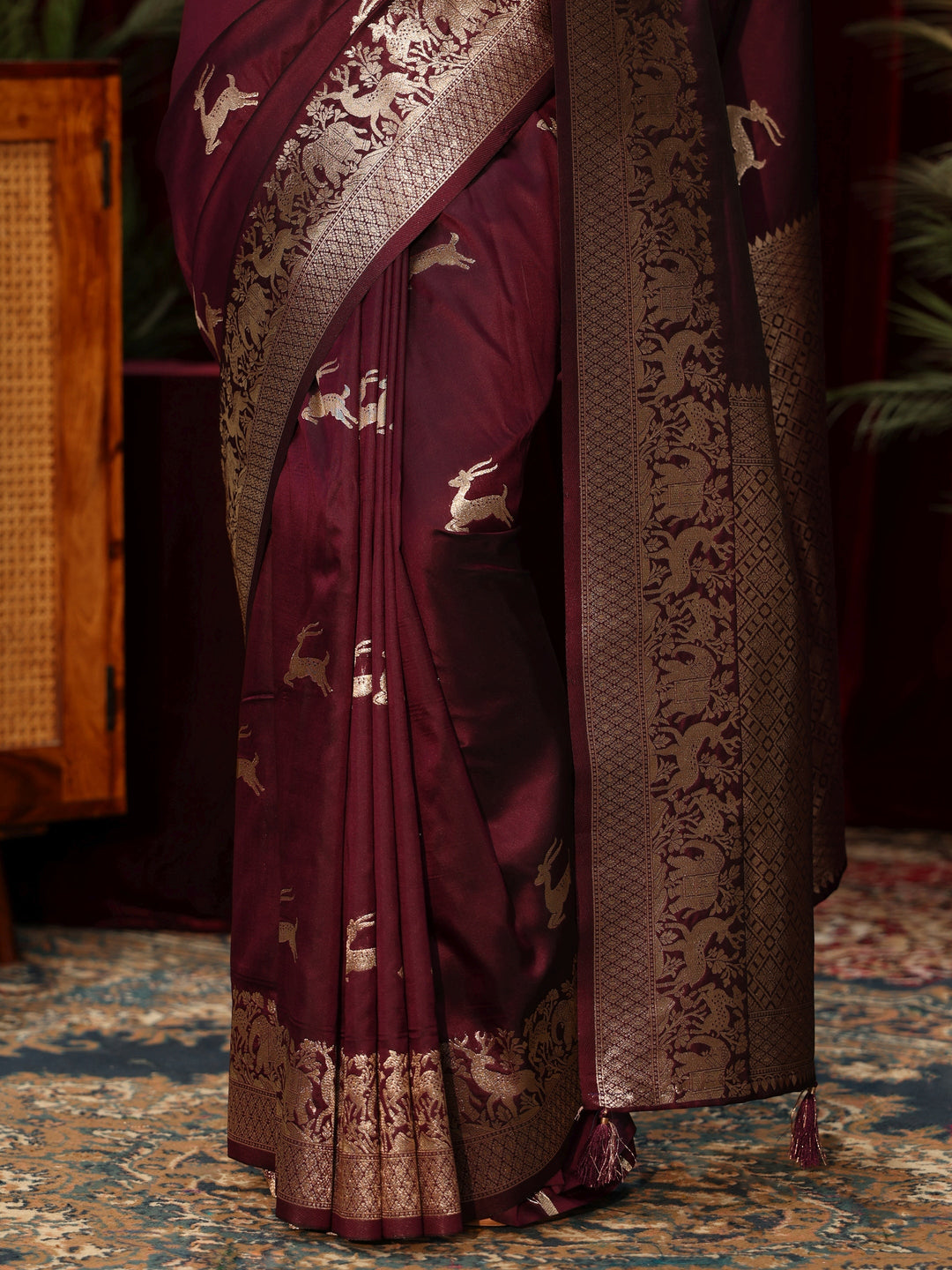  Libas Wine Deer Motif Kanjeevaram Silk Blend Saree 