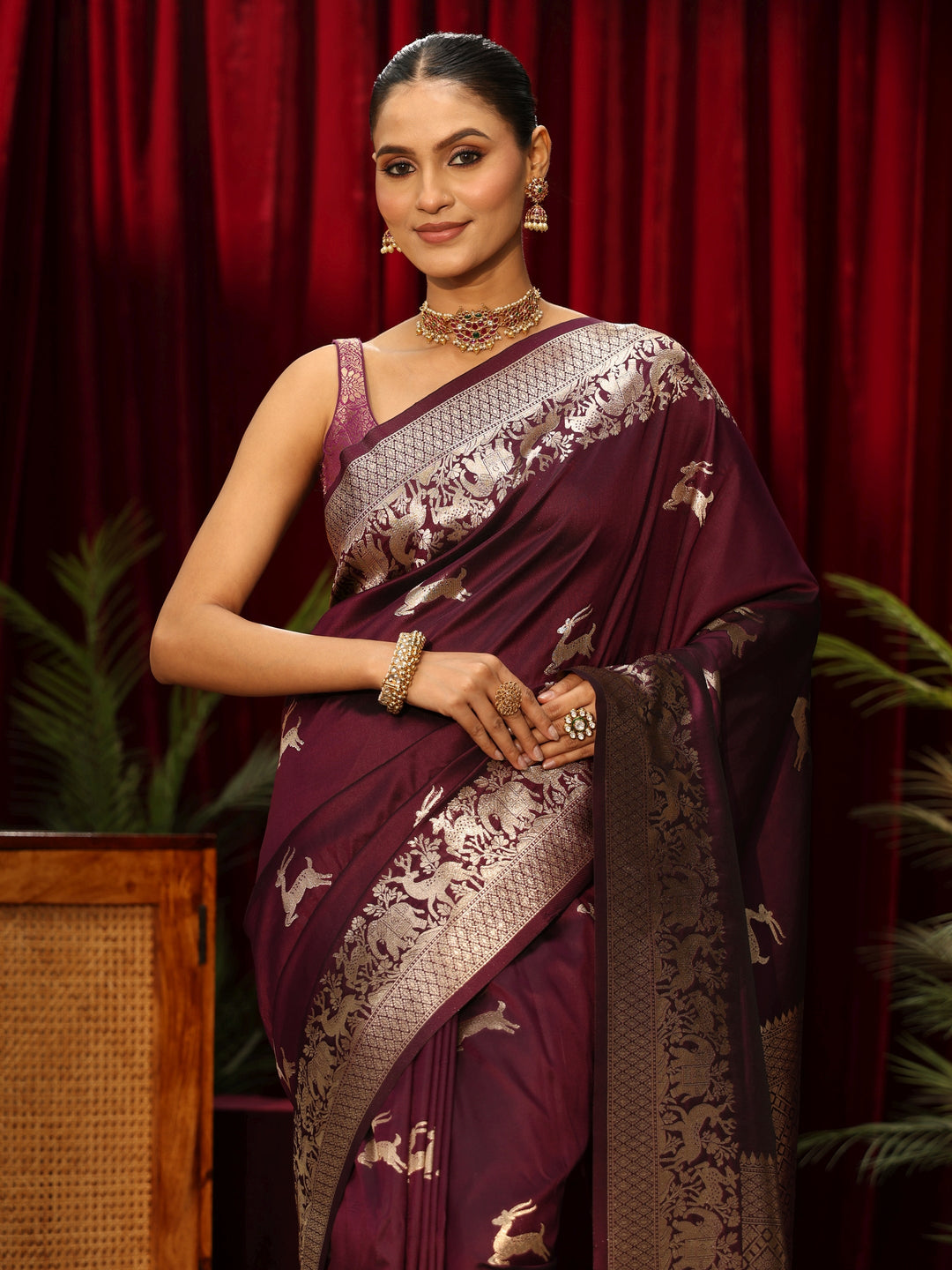  Libas Wine Deer Motif Kanjeevaram Silk Blend Saree 