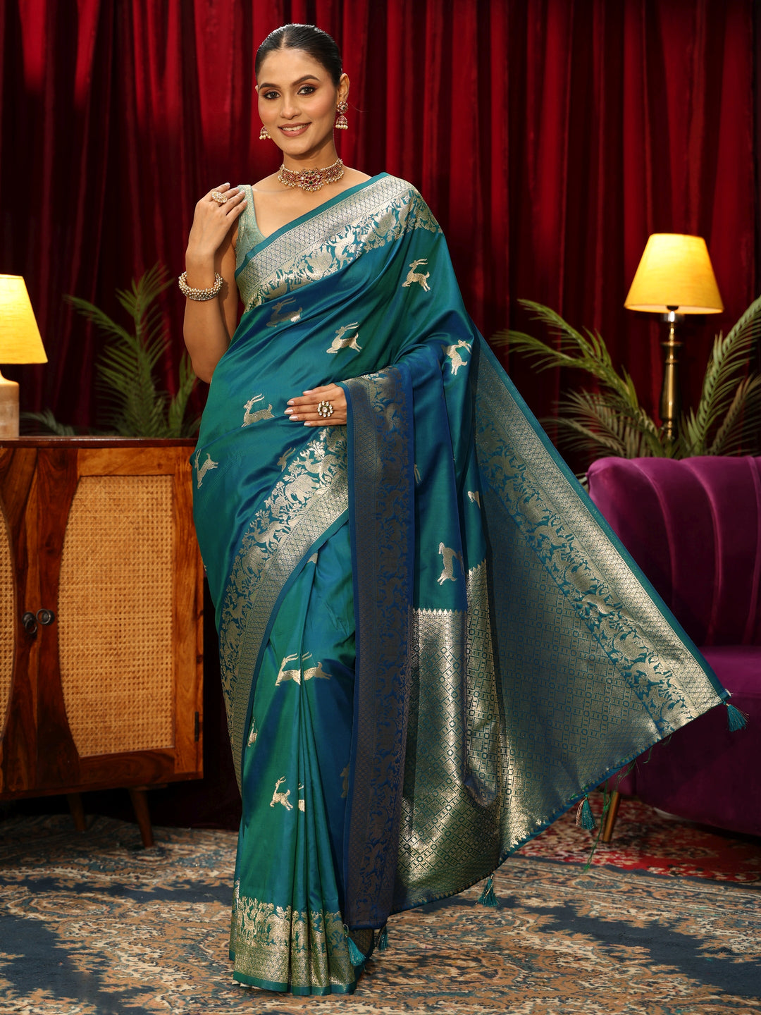  Libas Teal Green Deer Motif Kanjeevaram Silk Blend Saree 