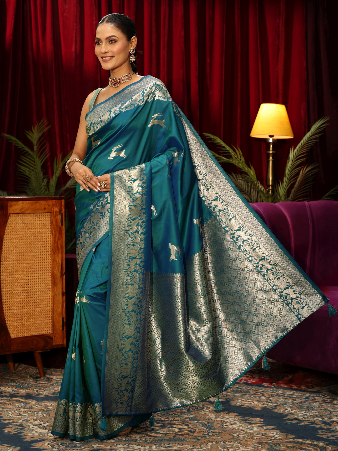  Libas Teal Green Deer Motif Kanjeevaram Silk Blend Saree 