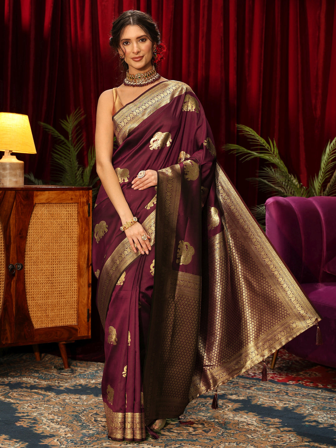  Libas Maroon Elephant Motif Kanjeevaram Silk Blend Saree 