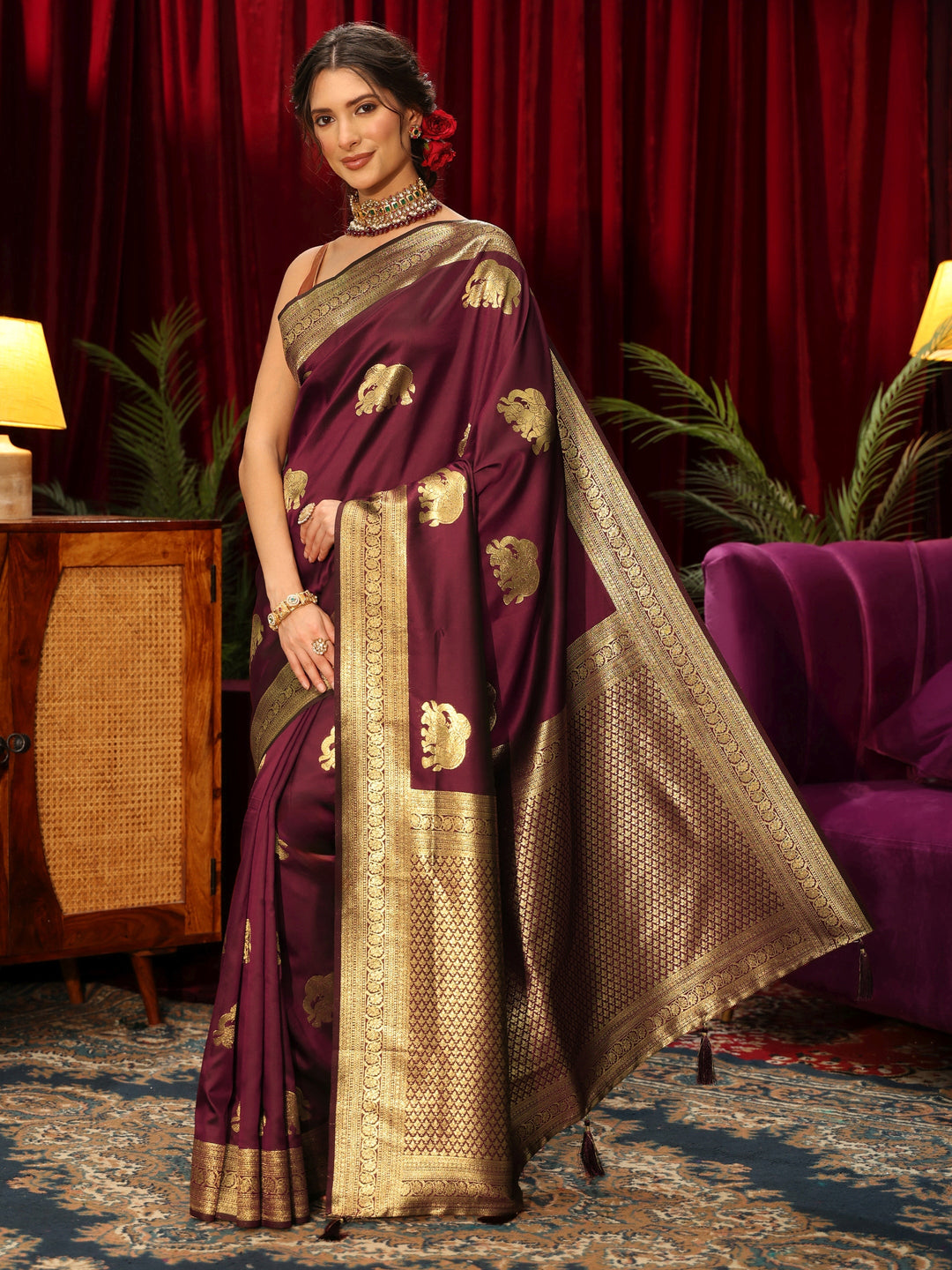  Libas Maroon Elephant Motif Kanjeevaram Silk Blend Saree 