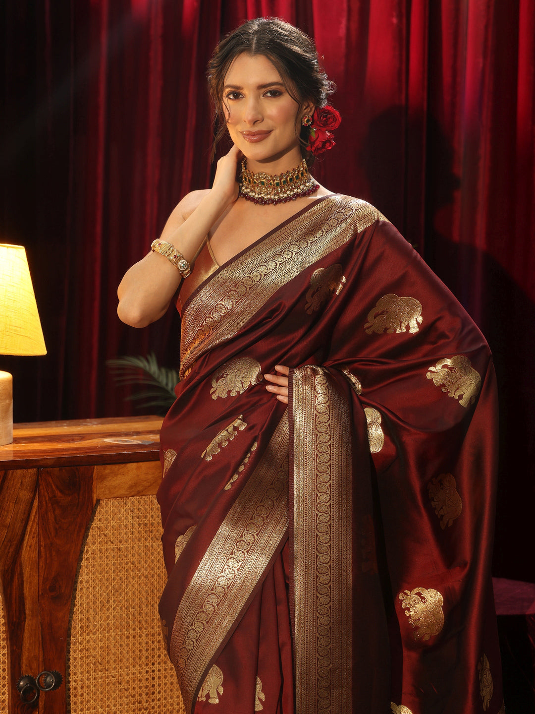  Libas Maroon Elephant Motif Kanjeevaram Silk Blend Saree 