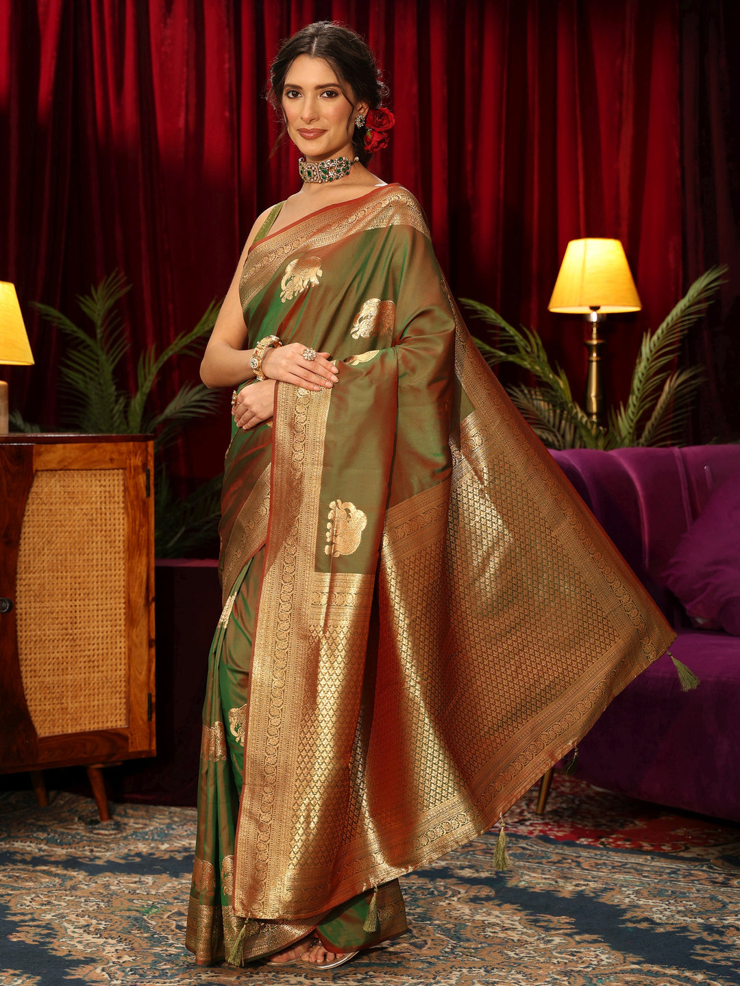  Libas Green Elephant Motif Kanjeevaram Silk Blend Saree 