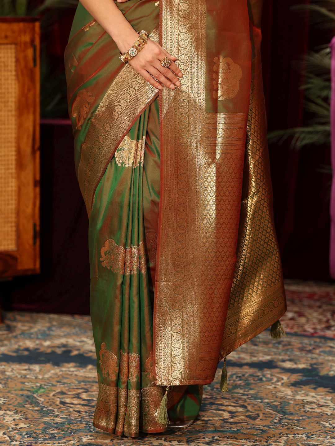  Libas Green Elephant Motif Kanjeevaram Silk Blend Saree 
