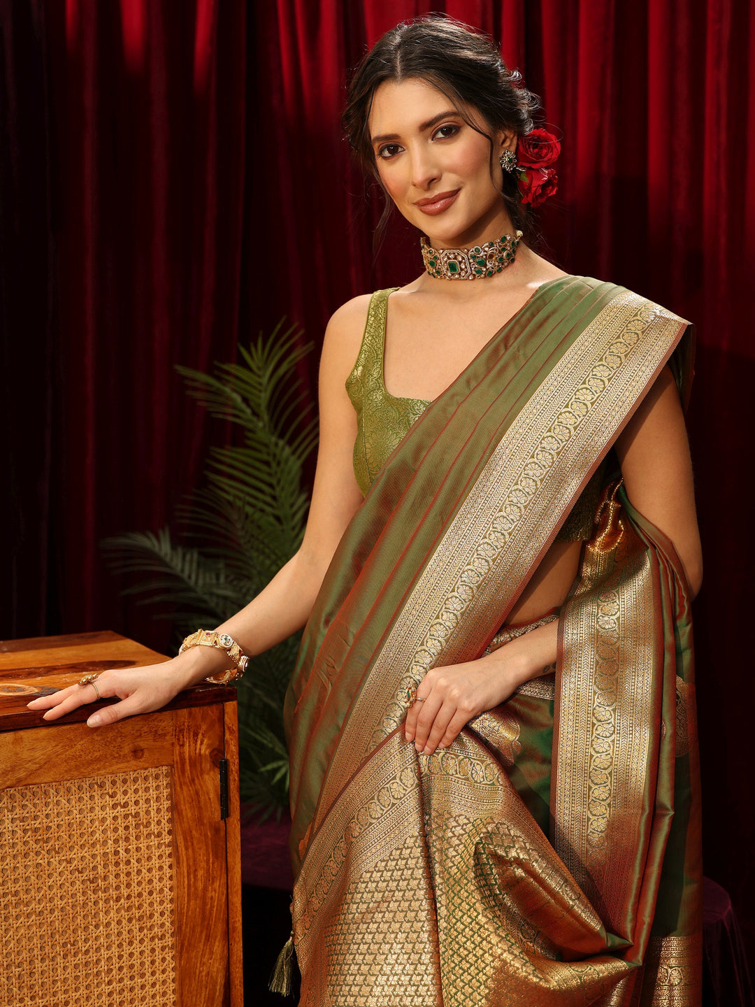  Libas Green Elephant Motif Kanjeevaram Silk Blend Saree 