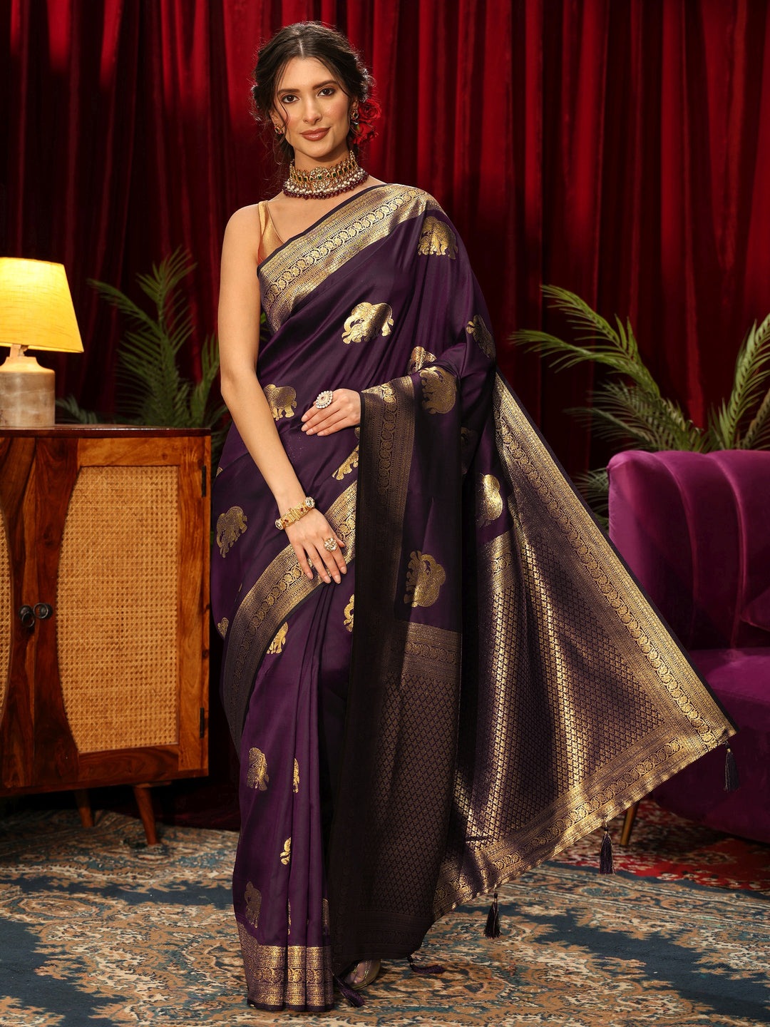  Libas Burgundy Elephant Motif Woven Design Silk Blend Saree 