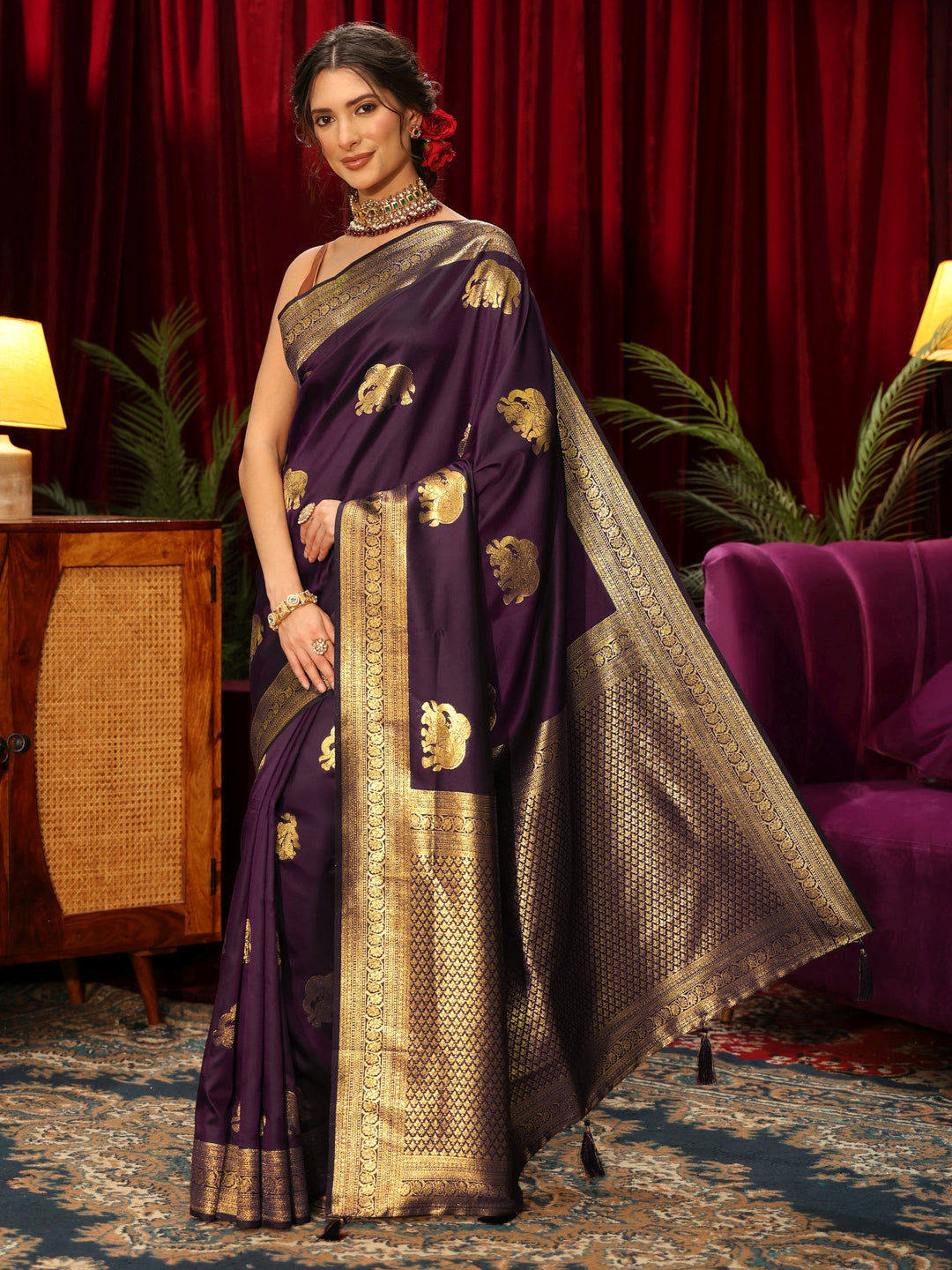  Libas Burgundy Elephant Motif Woven Design Silk Blend Saree 