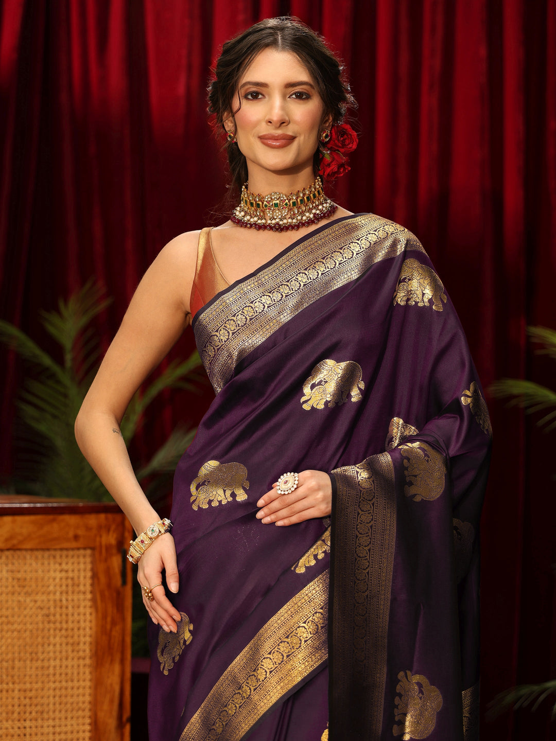  Libas Burgundy Elephant Motif Woven Design Silk Blend Saree 