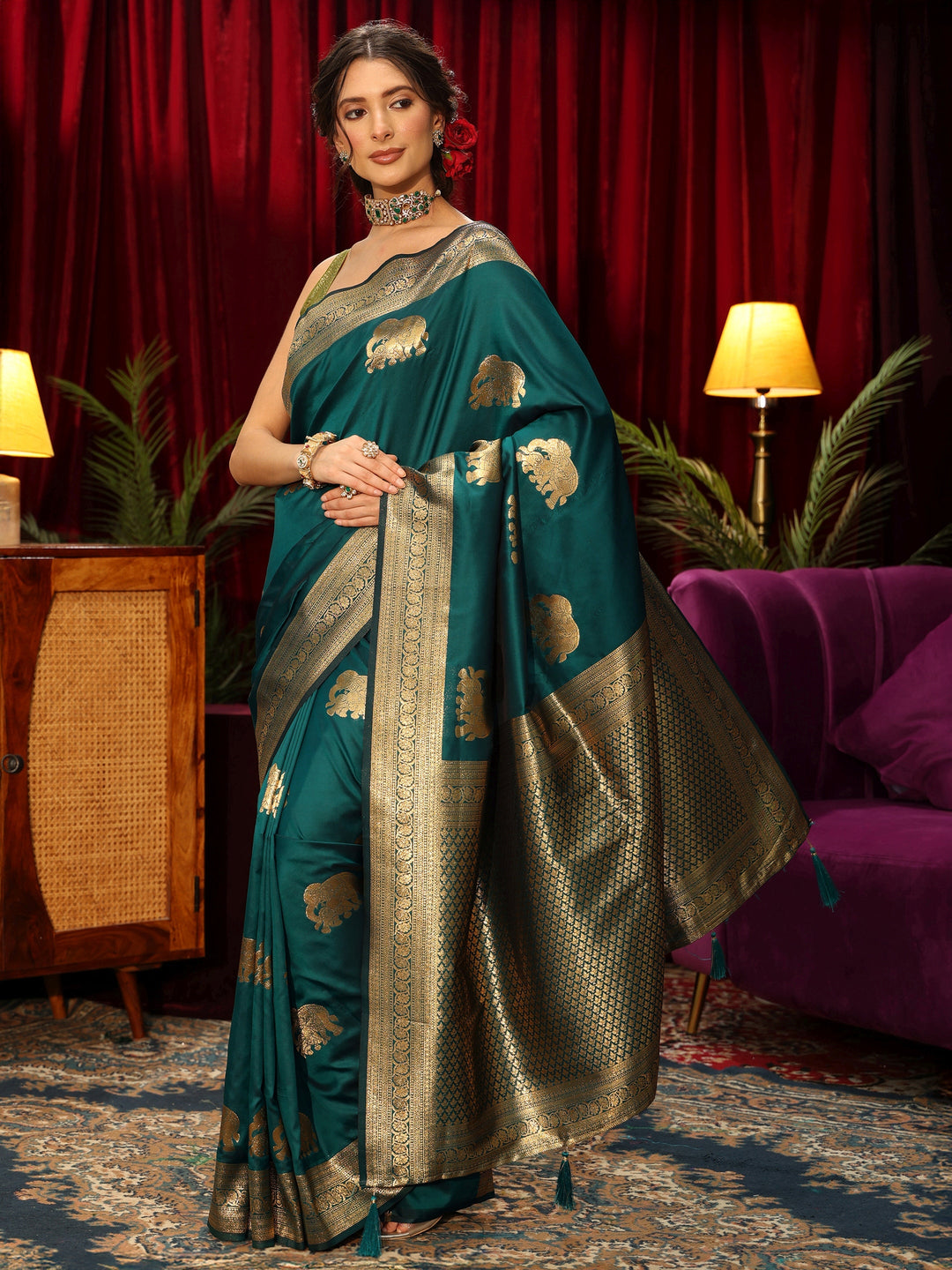  Libas Peacock Green Elephant Motif Kanjeevaram Silk Blend Saree 