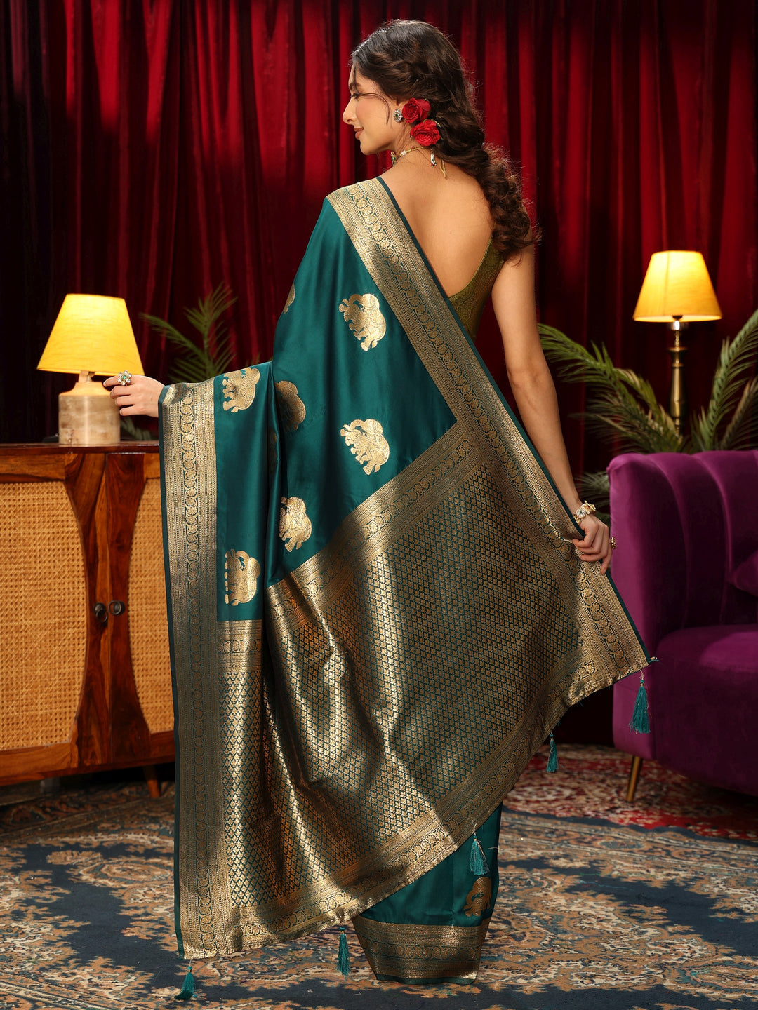  Libas Peacock Green Elephant Motif Kanjeevaram Silk Blend Saree 