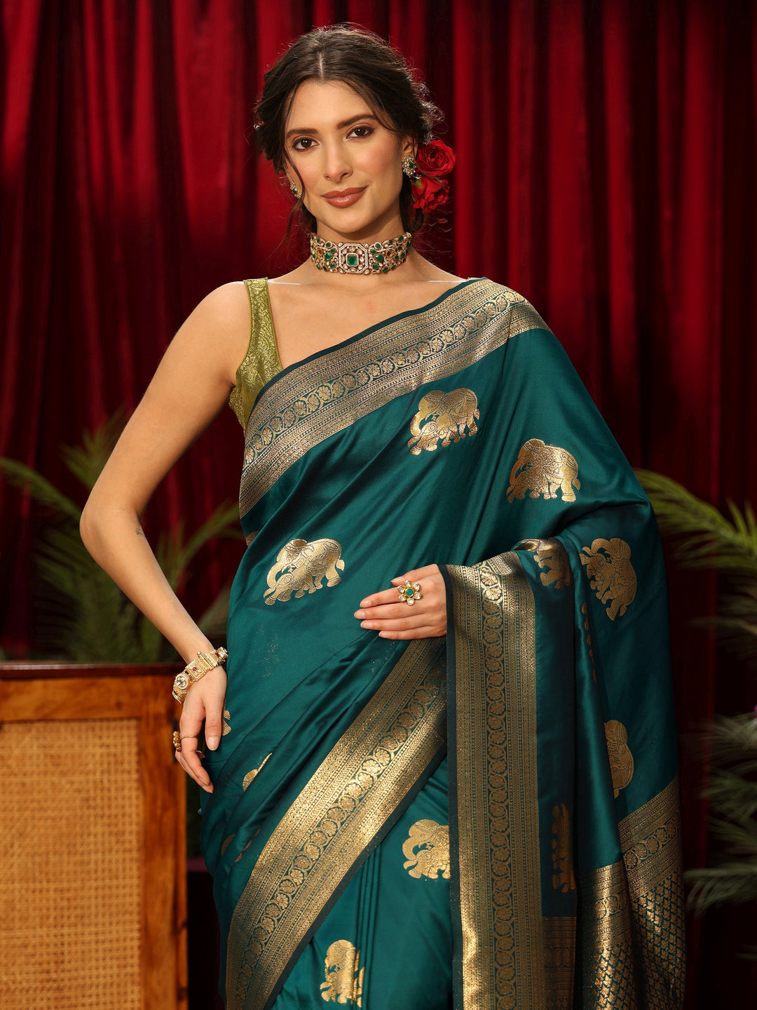  Libas Peacock Green Elephant Motif Kanjeevaram Silk Blend Saree 