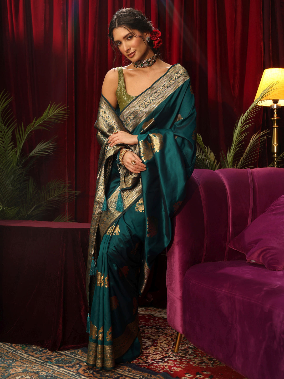  Libas Peacock Green Elephant Motif Kanjeevaram Silk Blend Saree 