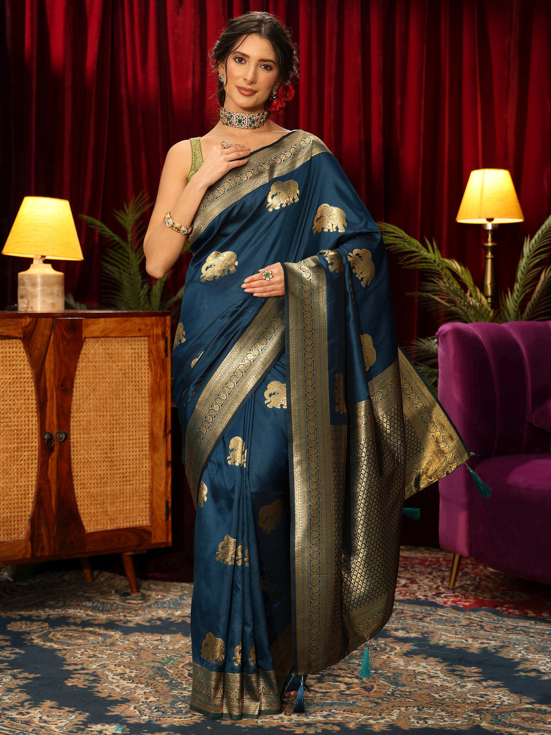  Libas Teal Blue Elephant Motif Woven Design Silk Blend Saree 