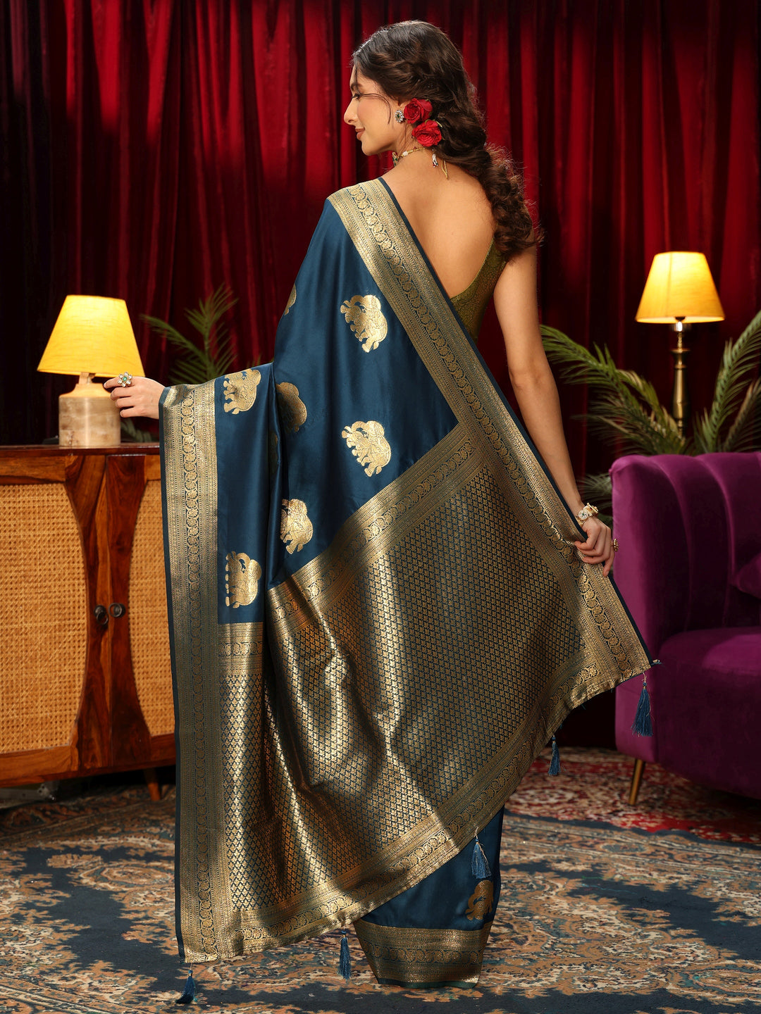 Libas Teal Blue Elephant Motif Woven Design Silk Blend Saree 