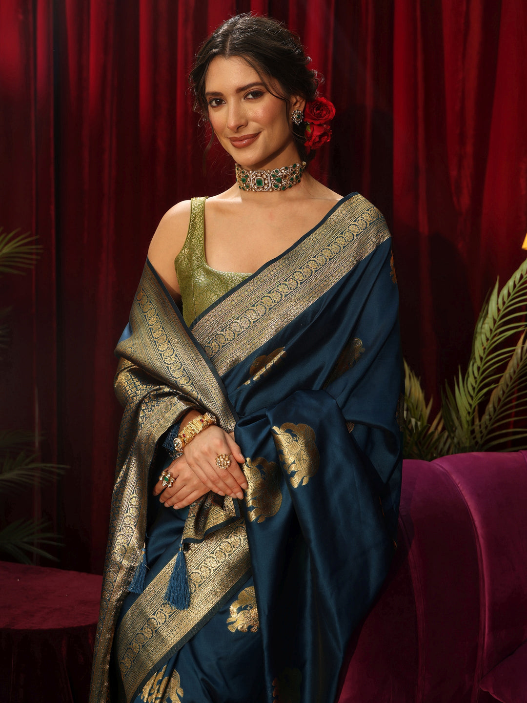  Libas Teal Blue Elephant Motif Woven Design Silk Blend Saree 